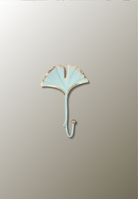 Patère Murale Feuille de Ginkgo à Longue Tige, Vert d'Eau et Doré, 20 x 15 cm