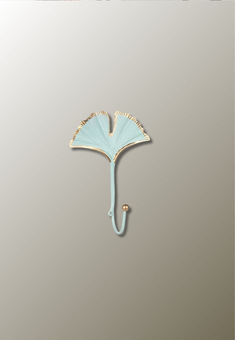 Patère Murale Feuille de Ginkgo à Longue Tige, Vert d'Eau et Doré, 20 x 15 cm