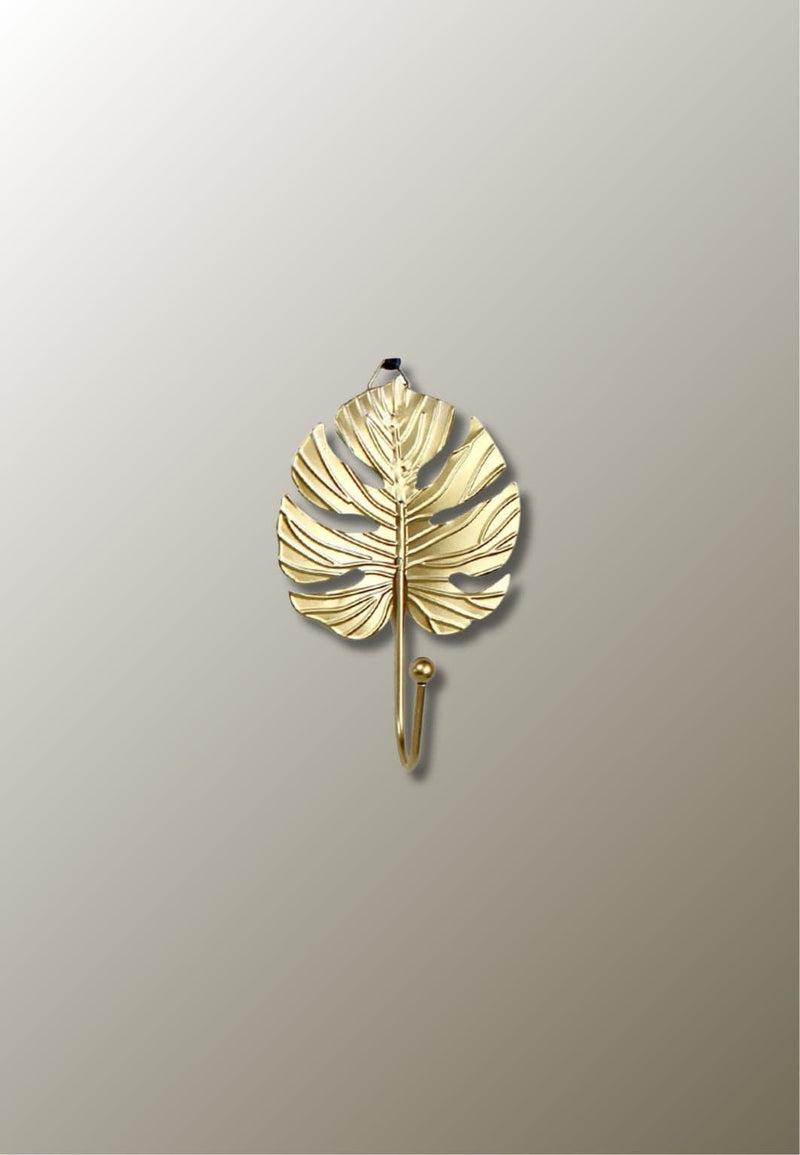 Patère Murale Feuille de Monstera Dorée en Fer, Nervures Gravées