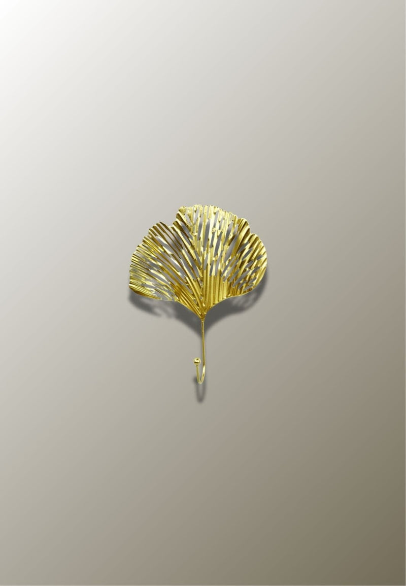 Patère Murale Feuille de Ginkgo Striée en Fer Doré, Crochet à Boule