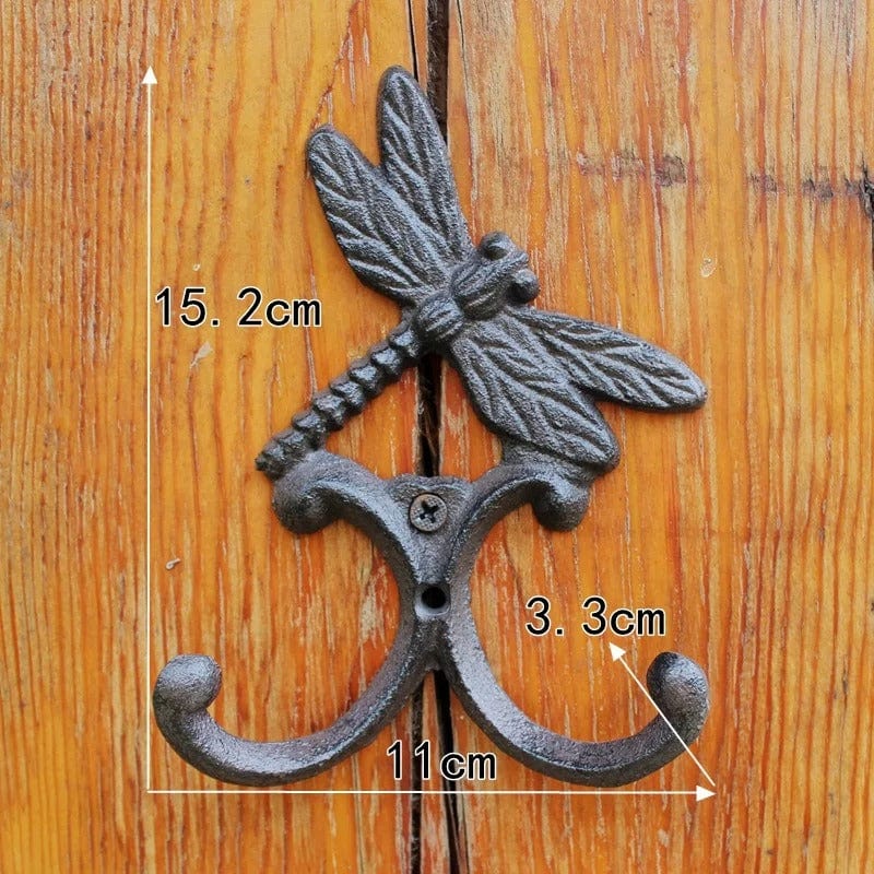 Patère Murale Libellule en Fonte, Double Crochet Rustique, 15,2 cm