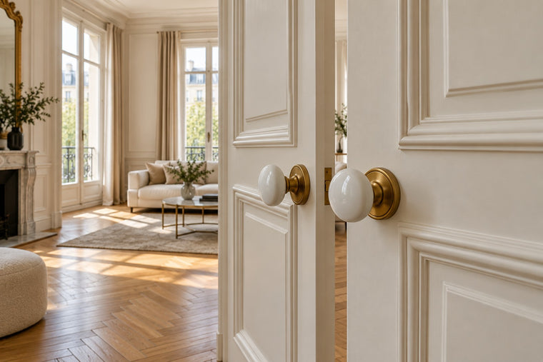 Double porte d'appartement parisien avec boutons de porte en porcelaine