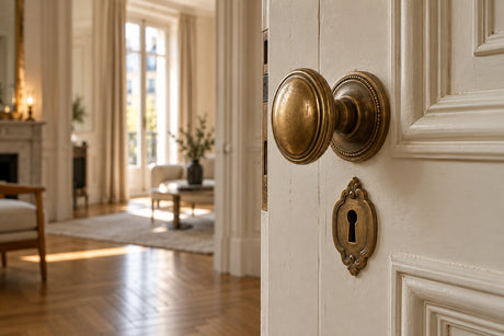 Bouton de porte ancien en laiton vieilli et entrée de clé