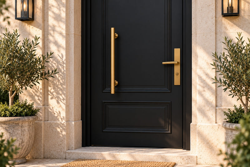 Porte d'entrée noire avec poignée de tirage et poignée sur plaque