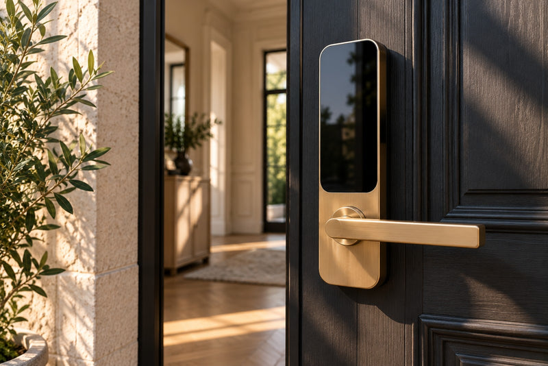 Serrure connectée à clavier sur une porte d'entrée en bois
