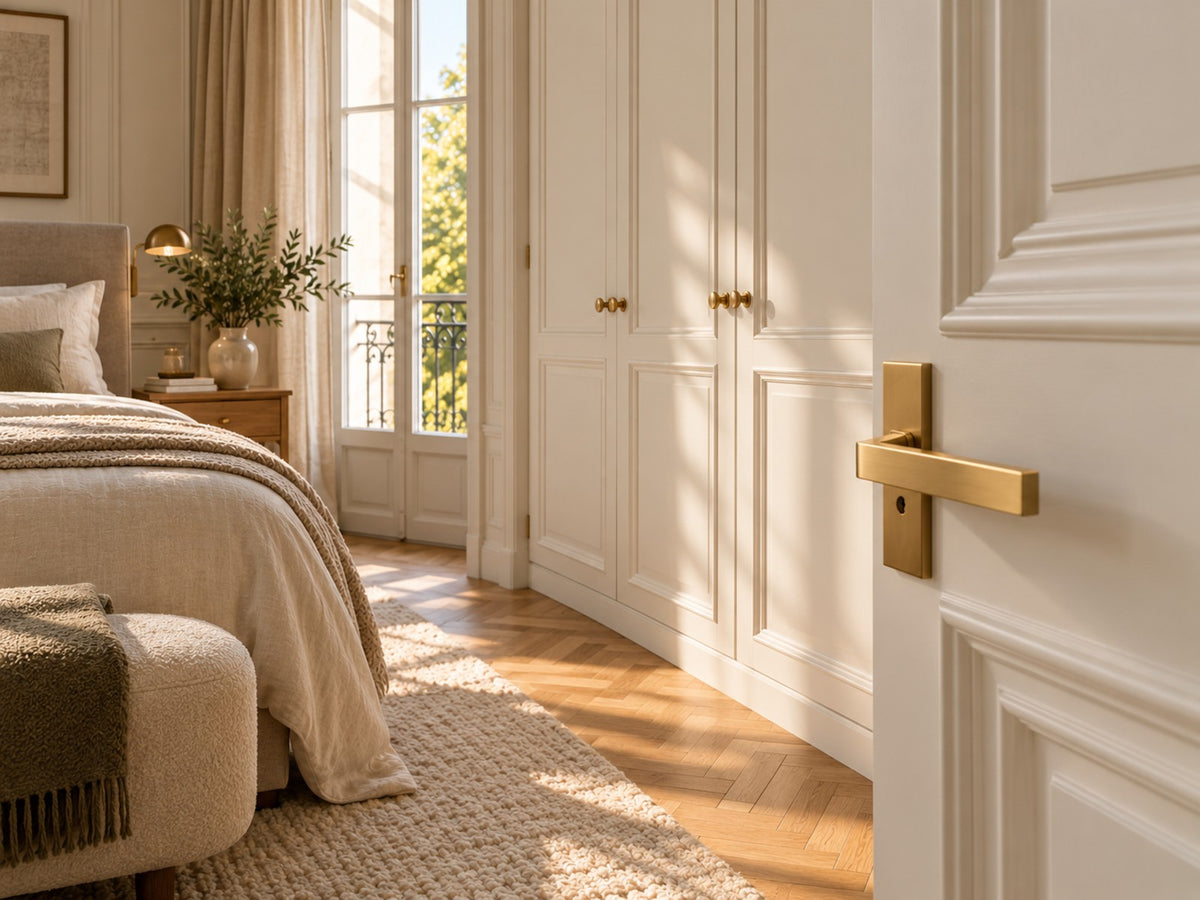 Chambre aux finitions coordonnées : poignée de porte et boutons de placard en laiton