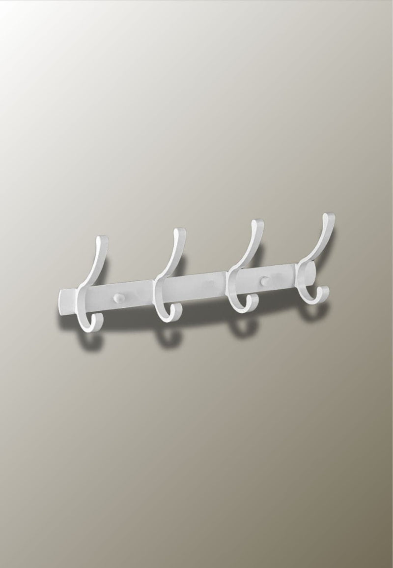 Porte-Manteau Mural Blanc en Aluminium, 4 Crochets en Virgule, Barre Plate