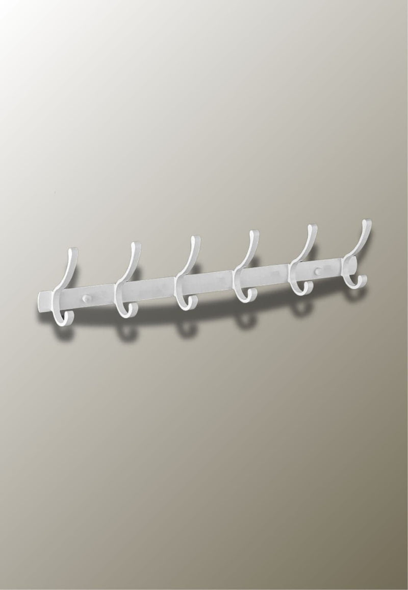 Porte-Manteau Mural Blanc, 6 Crochets en Virgule sur Barre Plate