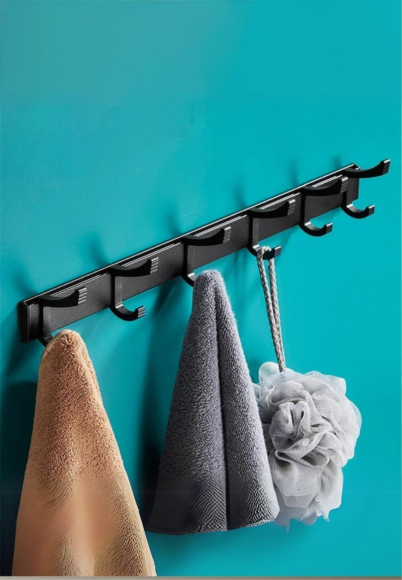Porte-Manteau Mural Noir, 6 Doubles Crochets, Barre de 44 cm