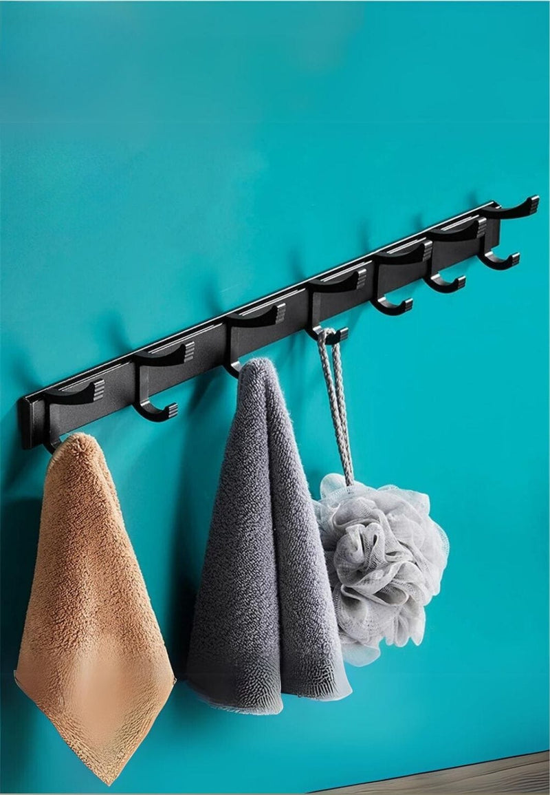 Porte-Manteau Mural Noir en Aluminium, 7 Doubles Crochets, 51 cm