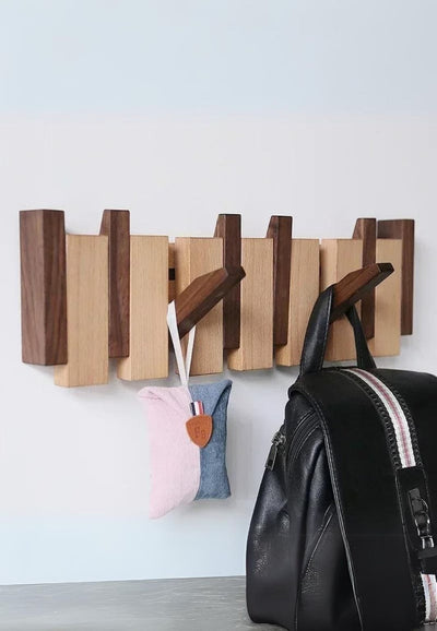Porte-Manteau Mural en Bois Bicolore, 8 Crochets Rabattables, vue 2