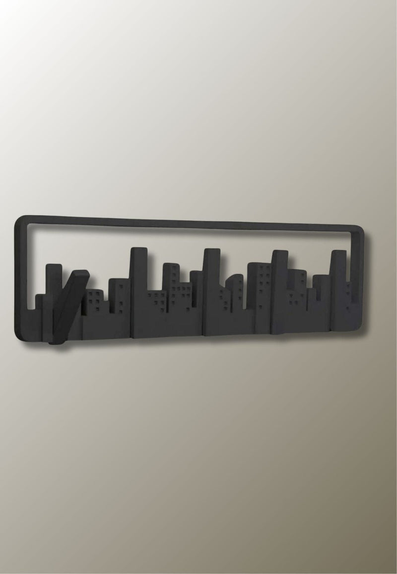 Porte-Manteau Mural Noir Silhouette de Ville, 5 Crochets Rabattables