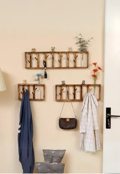 Porte-Manteau Mural en Bois Naturel avec Vase Intégré, 70 cm, vue 4
