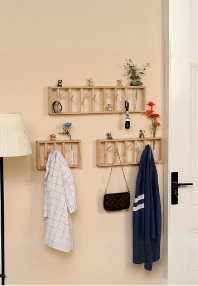 Porte-Manteau Mural en Bois Naturel avec Vase Intégré, 70 cm, vue 2