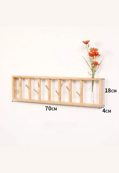 Porte-Manteau Mural en Bois Naturel avec Vase Intégré, 70 cm