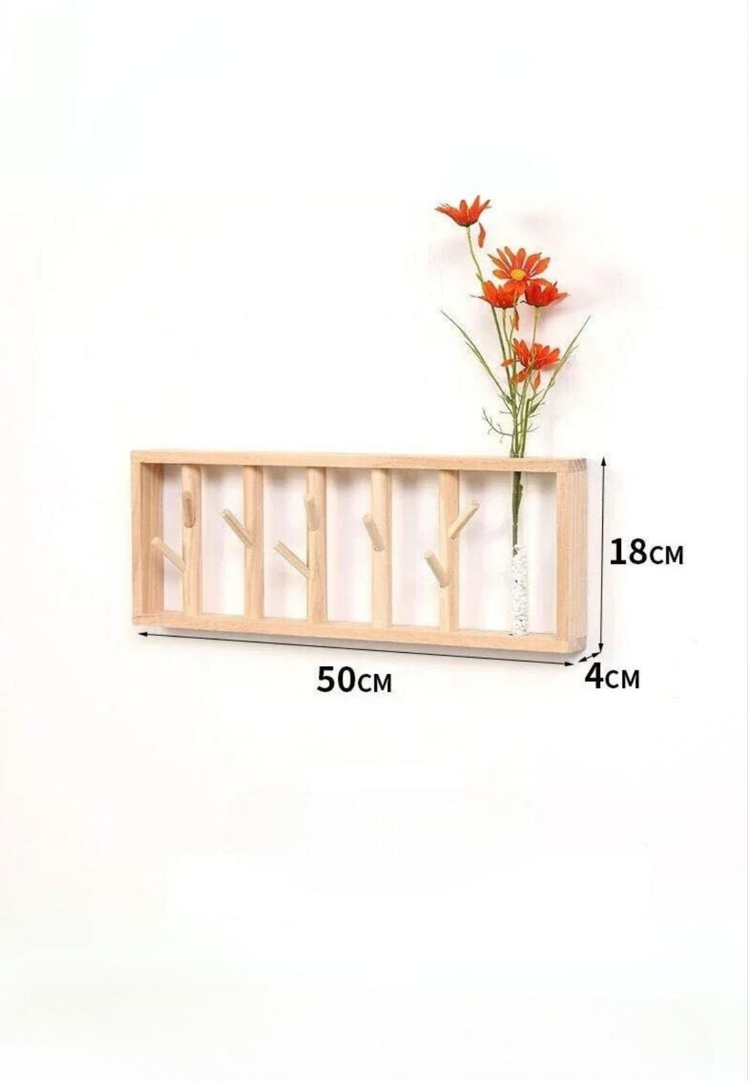 Porte-Manteau Mural en Bois Naturel avec Vase Intégré, 50 cm