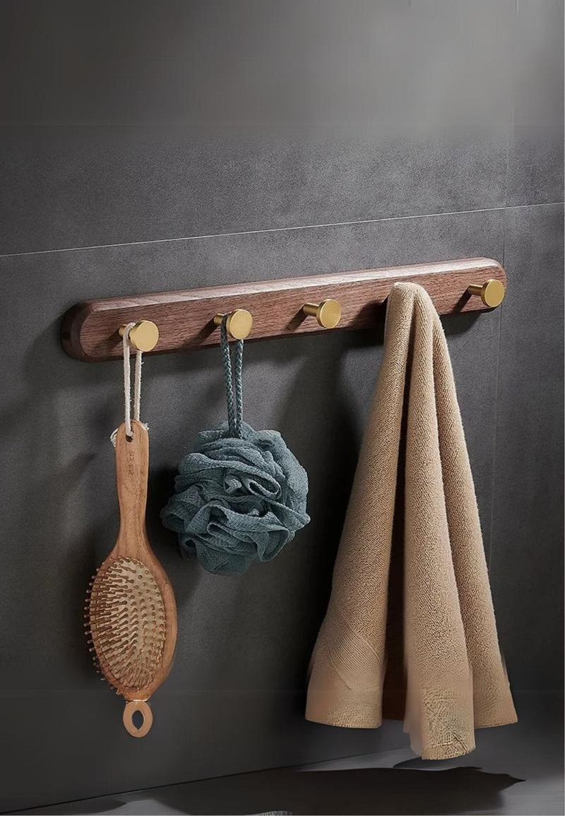 Porte-Manteau Mural en Noyer, 5 Crochets Dorés, Longueur 50 cm