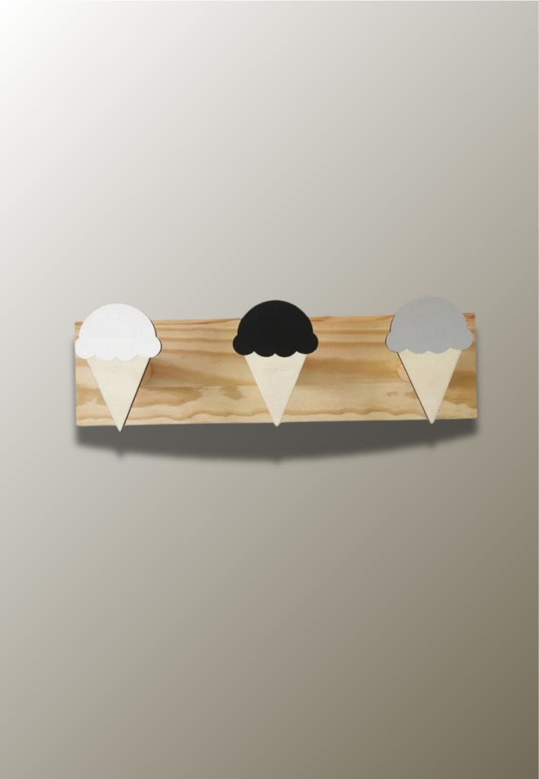 Porte-Manteau Mural Enfant en Bois, 3 Cornets de Glace Blanc, Noir et Gris