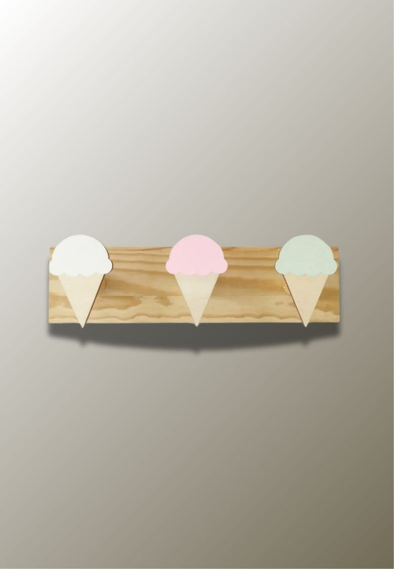 Porte-Manteau Mural Enfant, 3 Cornets de Glace Blanc, Rose et Vert d'Eau