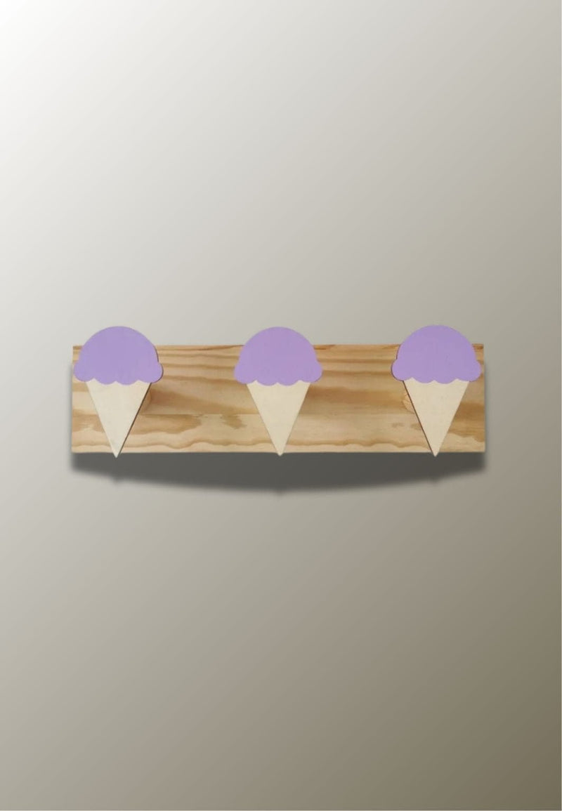 Porte-Manteau Mural Enfant en Bois, 3 Cornets de Glace Violets