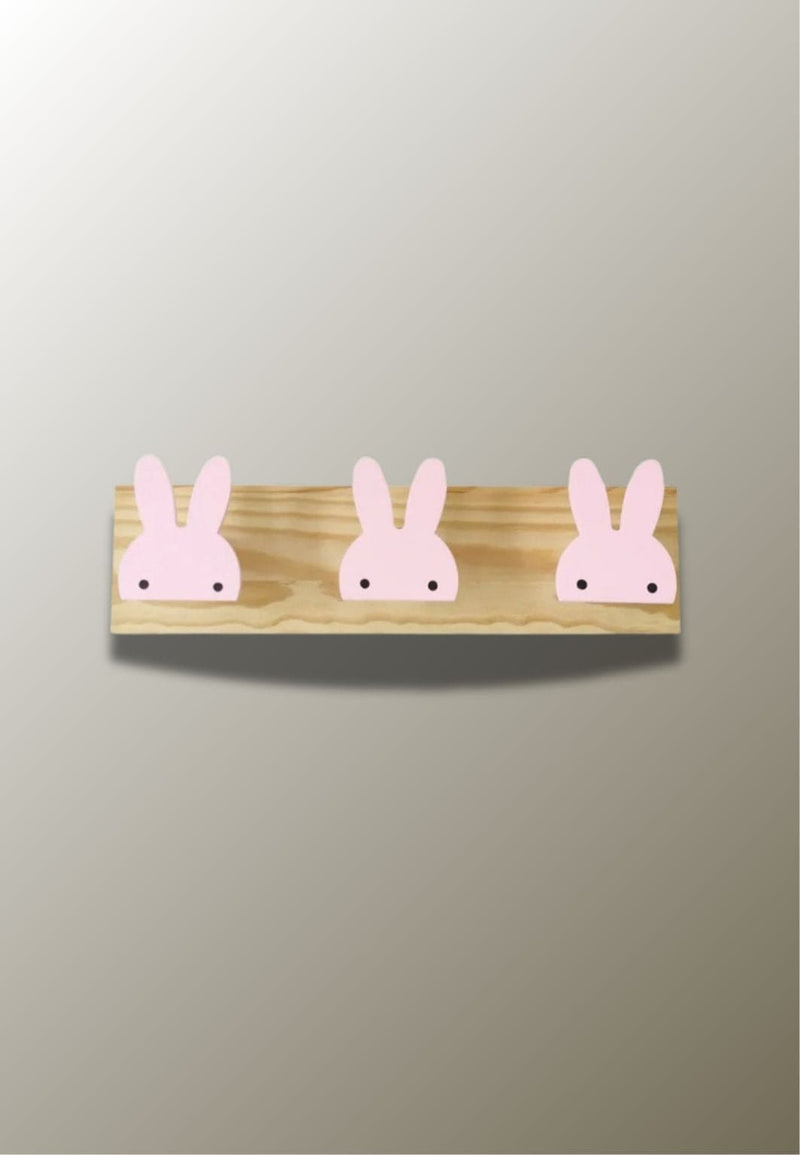 Porte-Manteau Mural Enfant en Bois, 3 Crochets Lapins Roses
