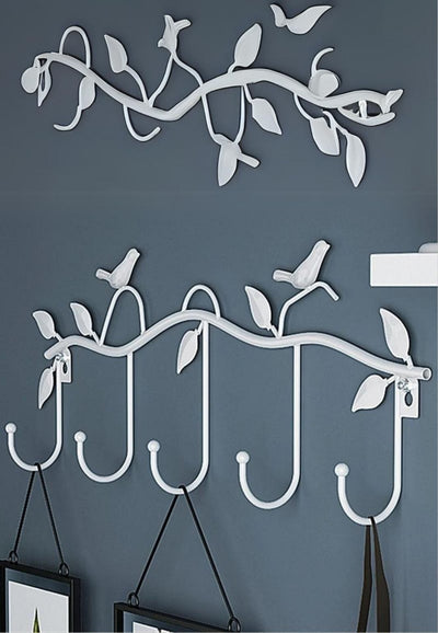 Porte-Manteau Mural Oiseaux en Métal Blanc, 5 Crochets et Feuilles, vue 2