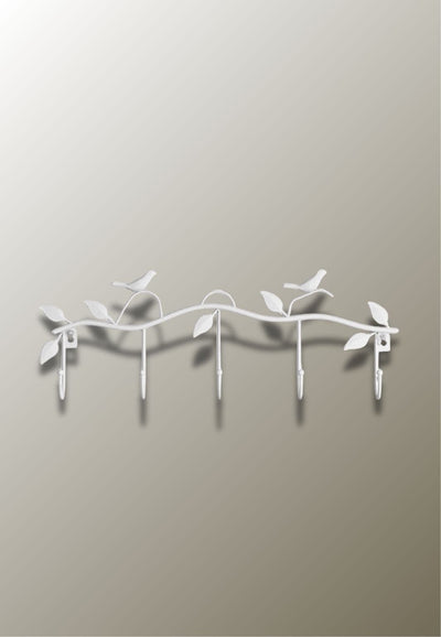 Porte-Manteau Mural Oiseaux en Métal Blanc, 5 Crochets et Feuilles