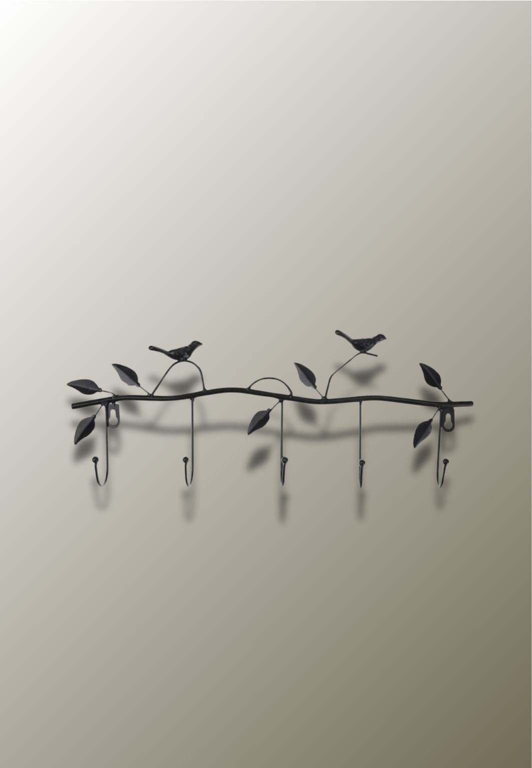 Porte-Manteau Mural Oiseaux sur Branche, 5 Crochets en Fer Noir
