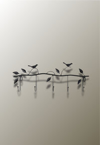 Porte-Manteau Mural Oiseaux sur Branche, 5 Crochets en Fer Noir