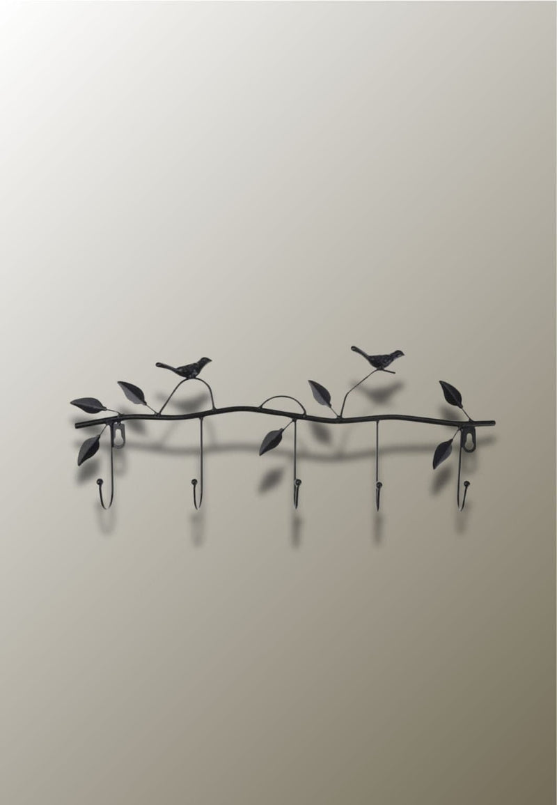 Porte-Manteau Mural Oiseaux sur Branche, 5 Crochets en Fer Noir