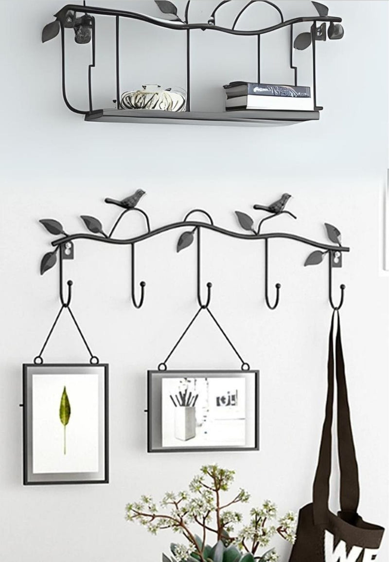 Porte-Manteau Mural Oiseaux sur Branche, 5 Crochets en Fer Noir, vue 2