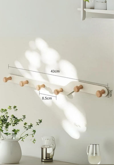 Porte-Manteau Mural en Z Blanc et Bois, 6 Crochets, 43 cm