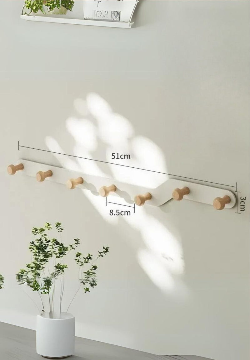 Porte-Manteau Mural en Z Ivoire et Bois, 7 Crochets, 51 cm
