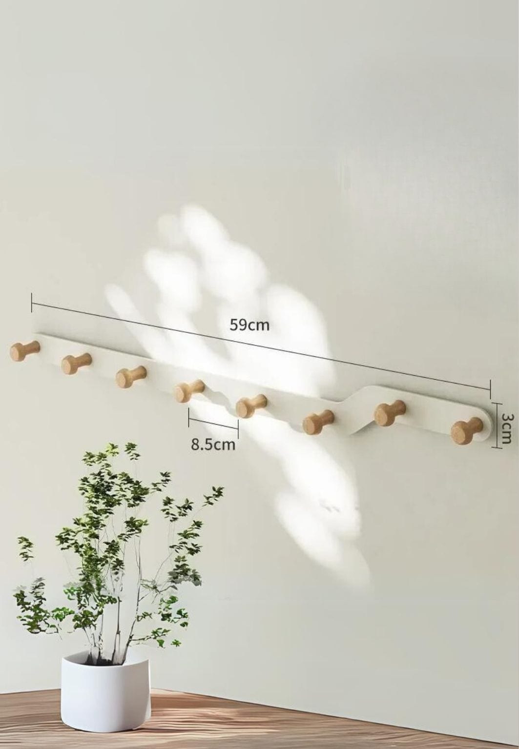 Porte-Manteau Mural en Z Ivoire et Bois, 8 Crochets, 59 cm