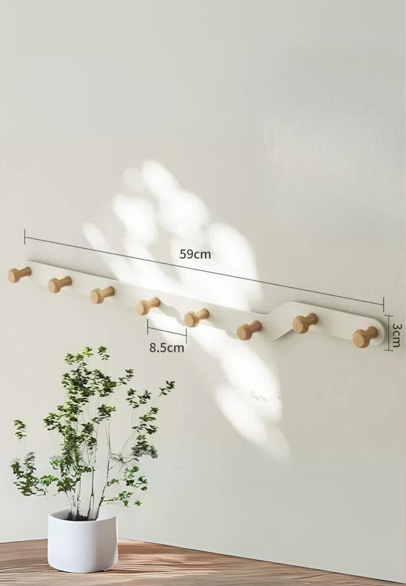 Porte-Manteau Mural en Z Ivoire et Bois, 8 Crochets, 59 cm