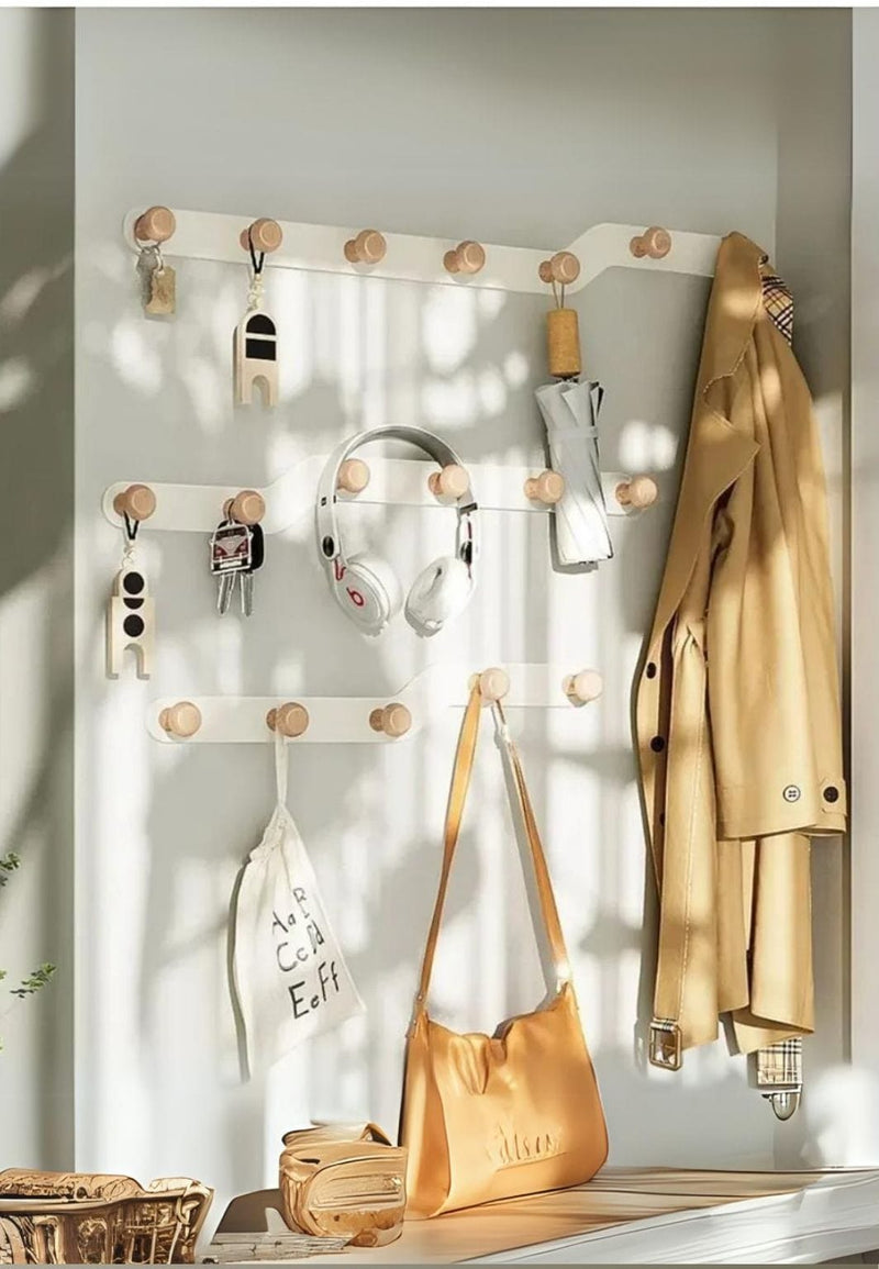 Porte-Manteau Mural en Z Ivoire et Bois, 8 Crochets, 59 cm, vue 2
