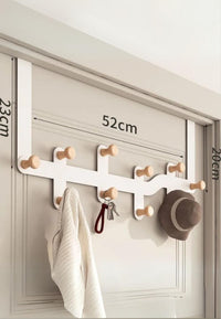 Patère de Porte 10 Crochets Blanche et Bois, Sans Perçage