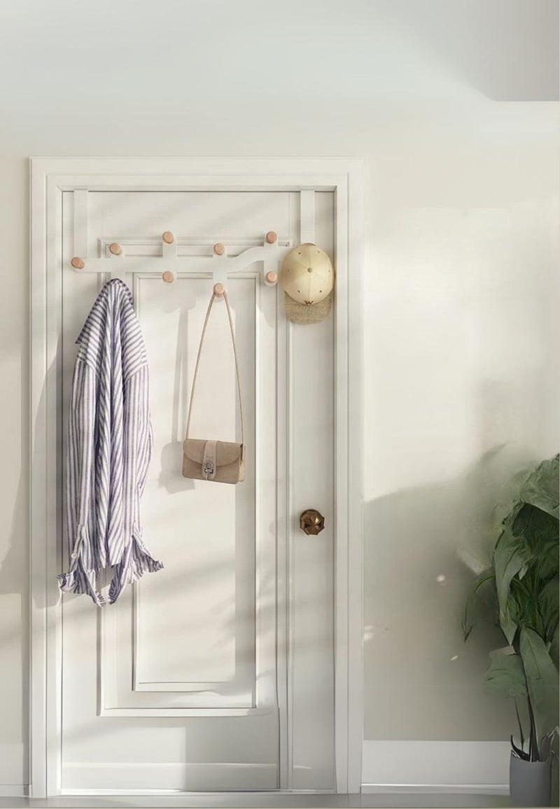 Patère de Porte 10 Crochets Blanche et Bois, Sans Perçage, vue 2