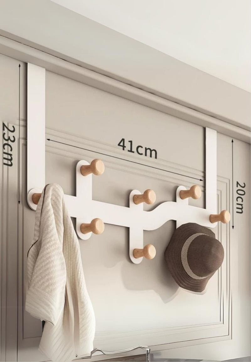 Patère de Porte à 8 Crochets en Bois Blanc, Sans Perçage, 41 cm