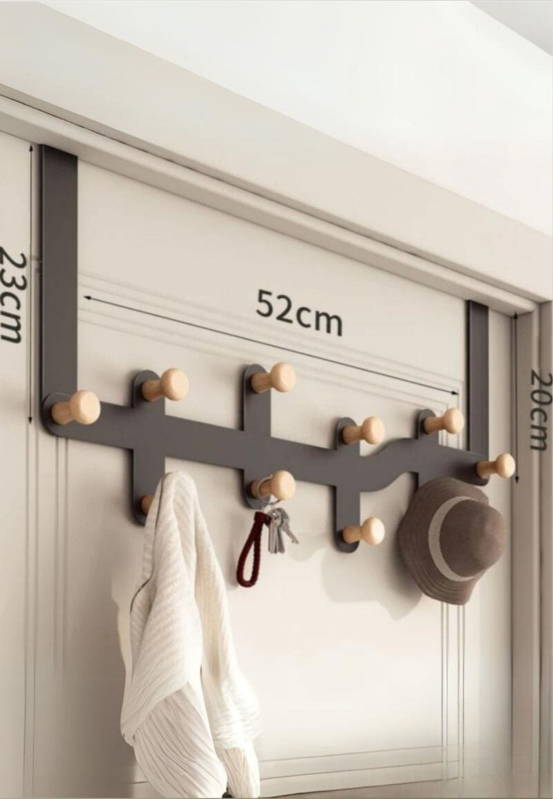 Patère de Porte 10 Crochets en Bois sur Armature Noire, 52 cm