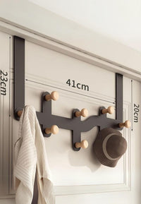 Patère de Porte Noire 8 Crochets Boutons en Bois, Largeur 41 cm