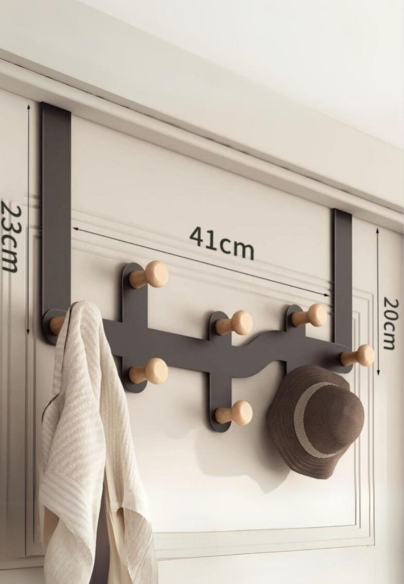 Patère de Porte Noire 8 Crochets Boutons en Bois, Largeur 41 cm