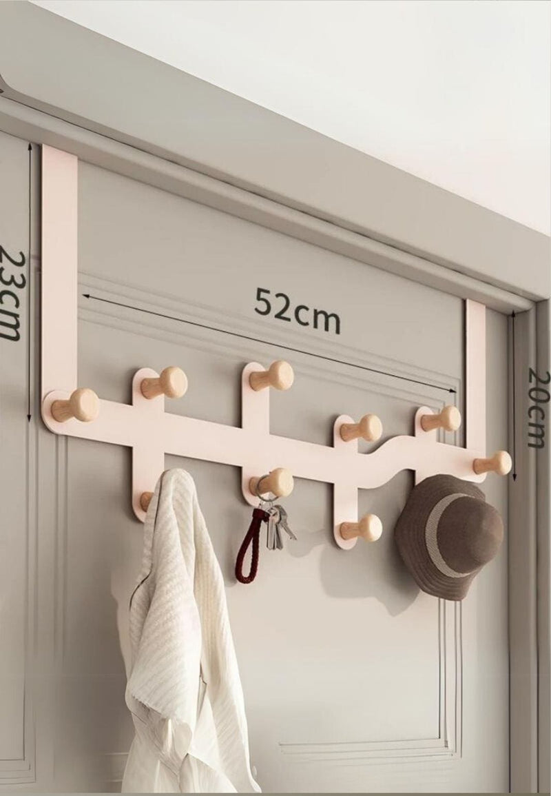 Patère de Porte 10 Crochets en Bois, Support Rose, Largeur 52 cm