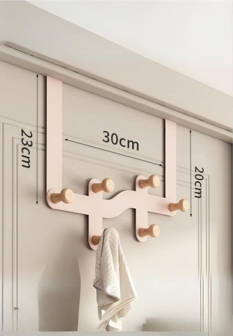 Patère de Porte 6 Crochets en Bois, Support Rose, Largeur 30 cm