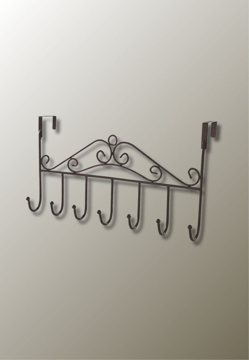 Patère de Porte 7 Crochets en Fer Bronze à Volutes, Sans Perçage